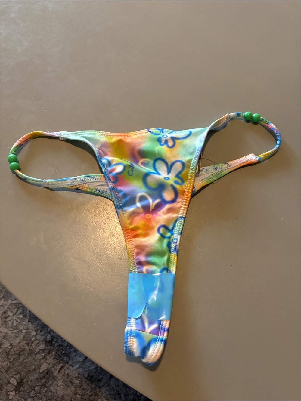 Collusion Colorful Floral Tie-Dye thong Bikini Bottom with Bead Accents